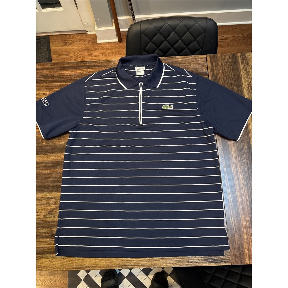 LACOSTE Sport Mens Devanlay Navy/white Striped Polo Size 5 (M) EUC